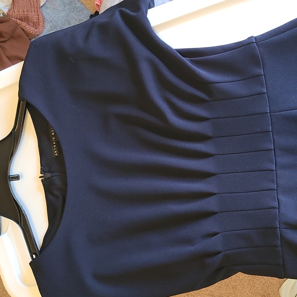 Antonio Melani Navy Liz Scuba Crepe Pleated Waist Midi Sheath Dress- Size 6